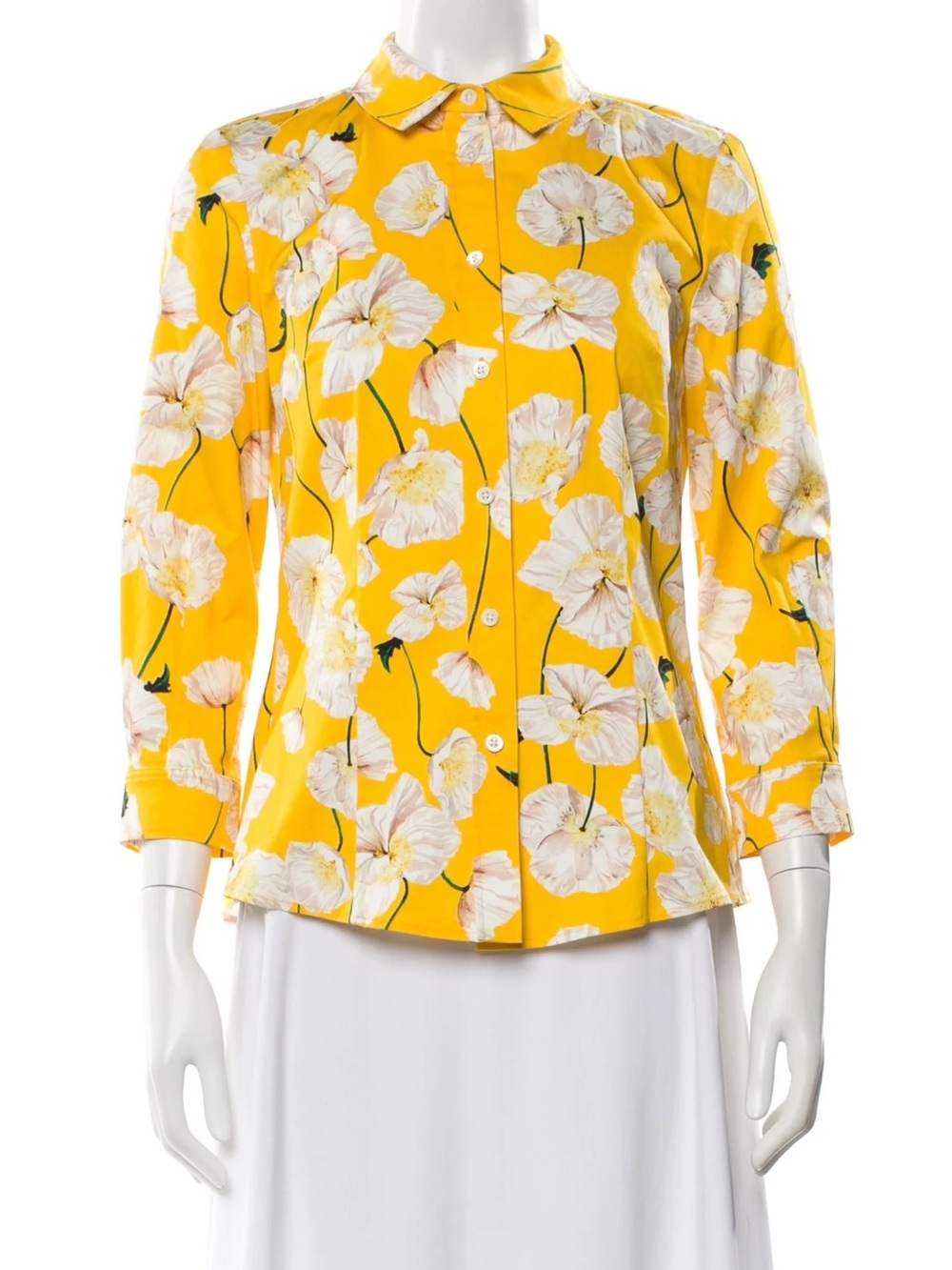 Carolina Herrera Poppy Print Stretch Cotton Button-Up Shirt Yellow Size 2